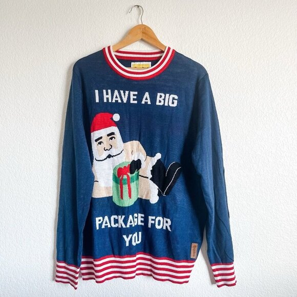 Tipsy Elves XL Big Package Ugly Christmas Sweater Navy Blue Red White Stripes - Picture 1 of 7